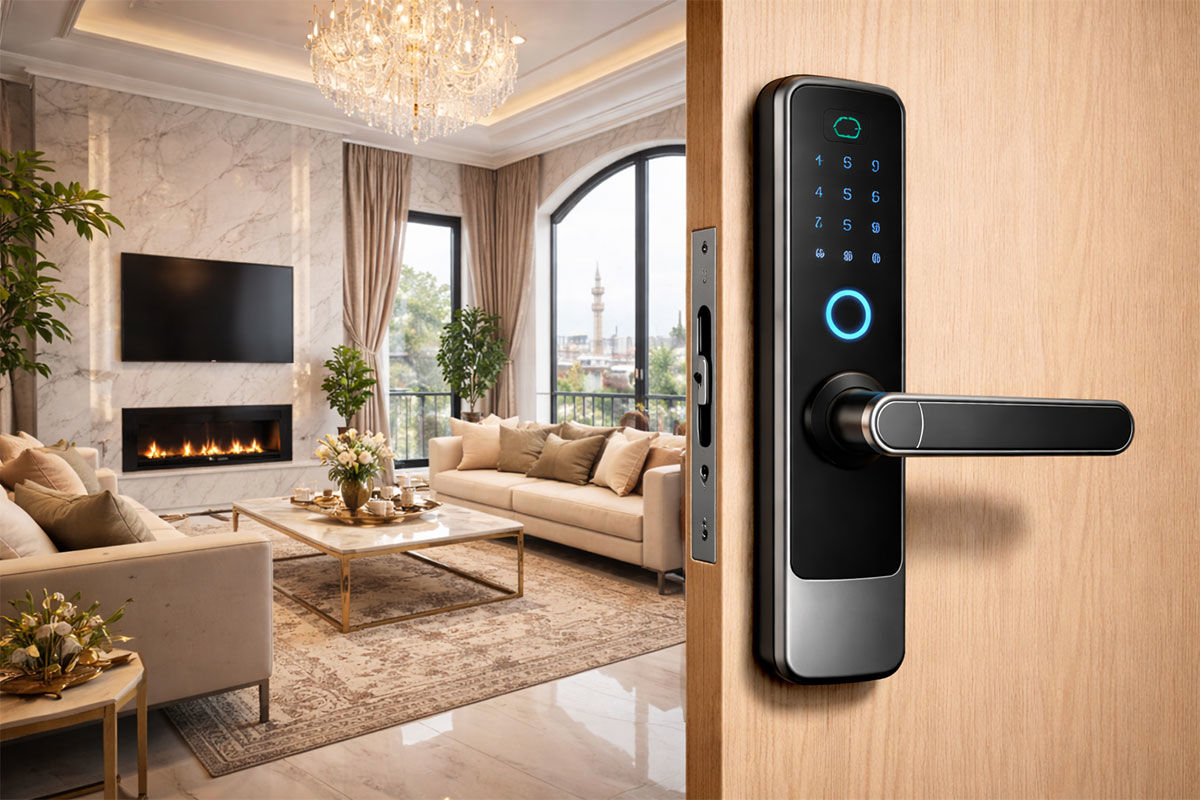 دستگیره دیجیتال هوشمند نصب‌شده روی درب ورودی یک خانه لوکس ایرانی با دکوراسیون مدرن